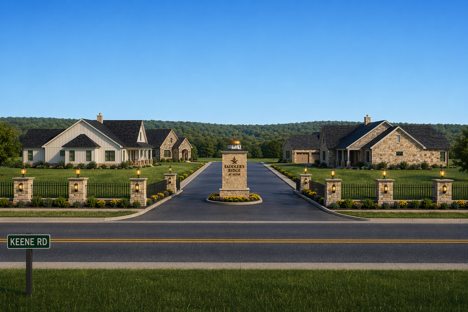 Artist's rendering of the Saddler's Ridge at Keene entrance with homes